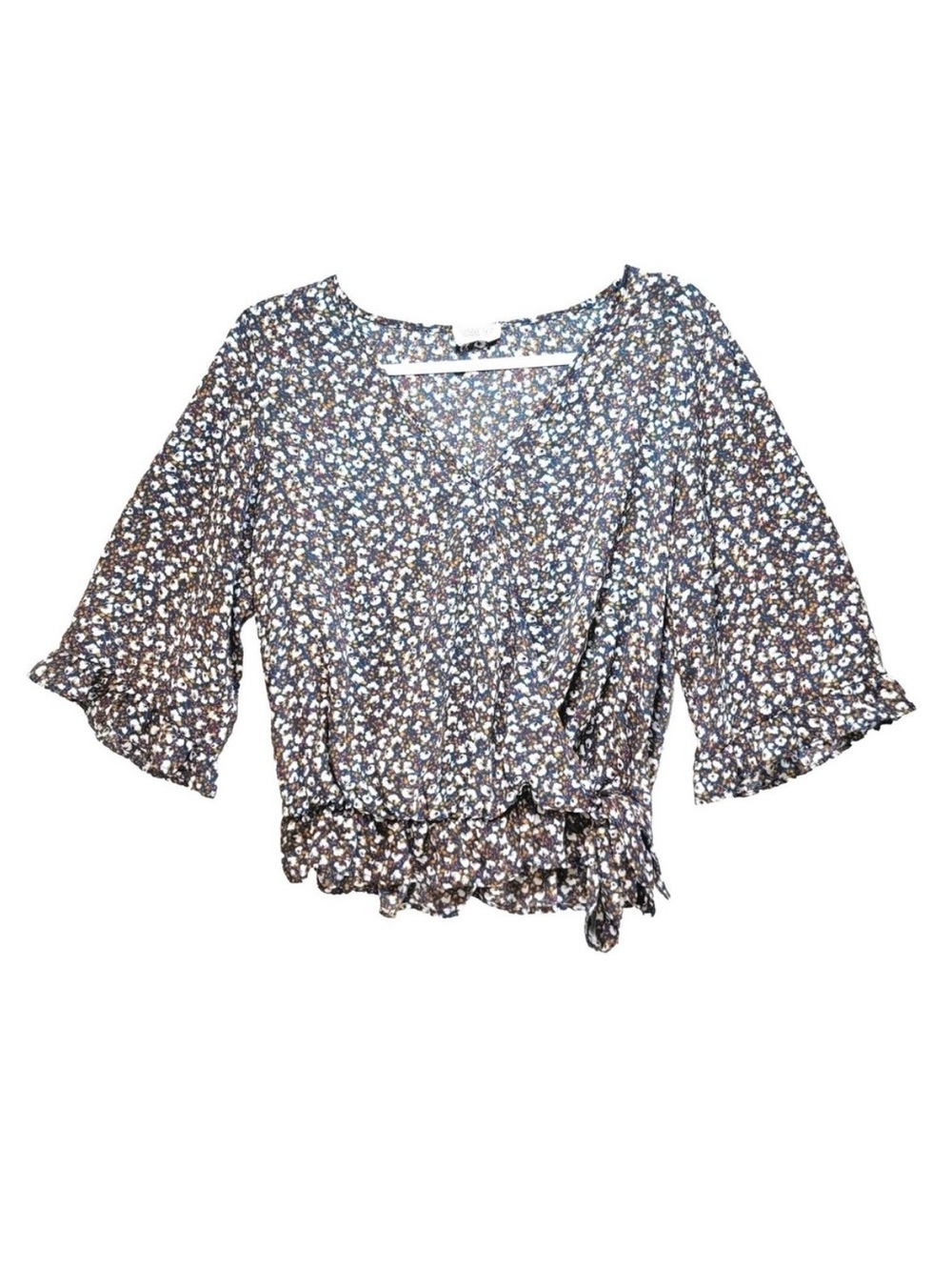 Fairy Ditsy Floral Faux Wrap Crop Top Womens‎ M Tie Bow Colorful Coquette Whimsy